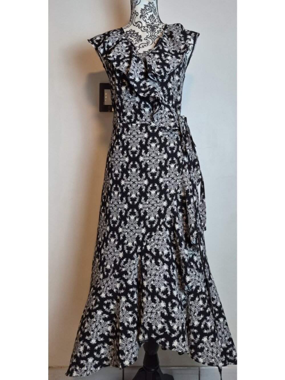 Max Studio Black White Wrap Dress Women's S Ruffle Asymmetric Hem Midi